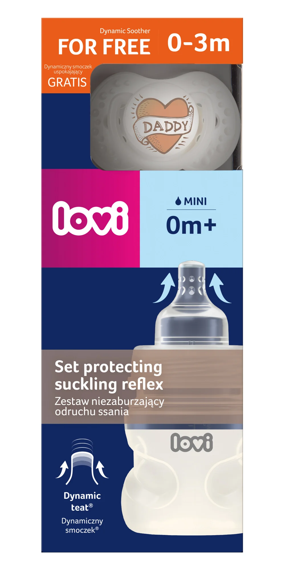 LOVI Zestaw niezaburzający odruchu ssania 0m+ Daddy butelka 150 ml + smoczek