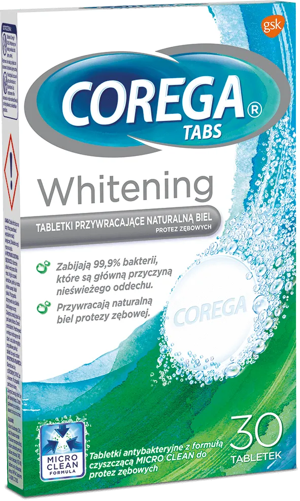 Corega Tabs Whitening, tabletki czyszczące do protez zębowych, 30 tabletek
