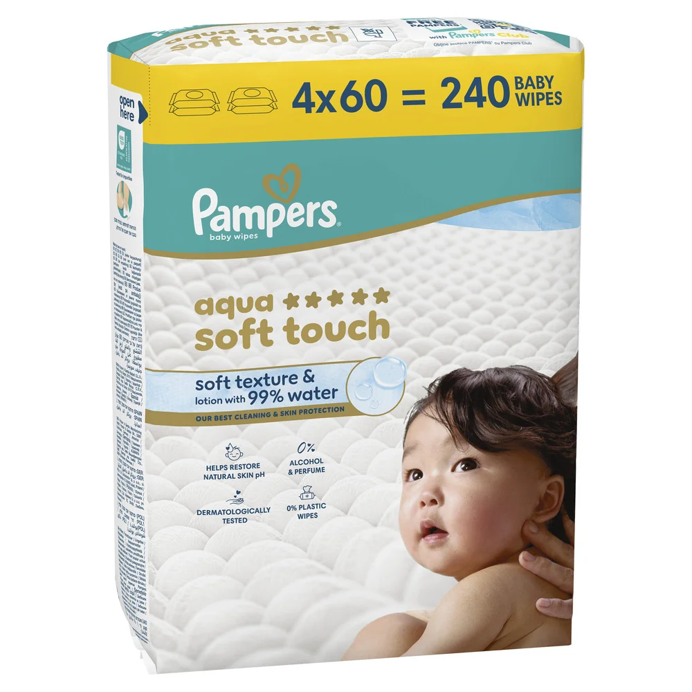Pampers Aqua Soft Touch chusteczki nawilżane dla dzieci, 4 x 60 sztuk