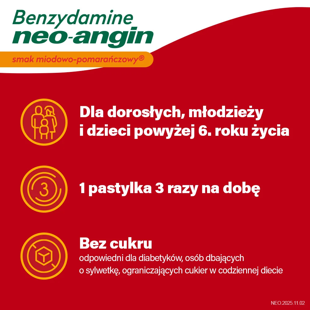 Benzydamine Neo-Angin 3 mg smak miodowo-pomarańczowy, 20 pastylek twardych