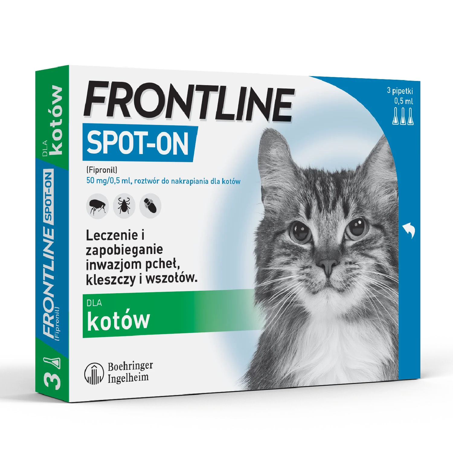 Frontline Spot-on 50 mg/0,5 ml, roztwór do nakrapiania dla kotów, 3 x 0,5 ml
