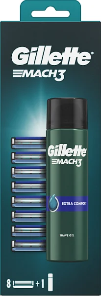 Gillette Mach3 8 ostrzy wymiennych do maszynki do golenia dla mężczyzn + żel do golenia Mach3, 200 ml