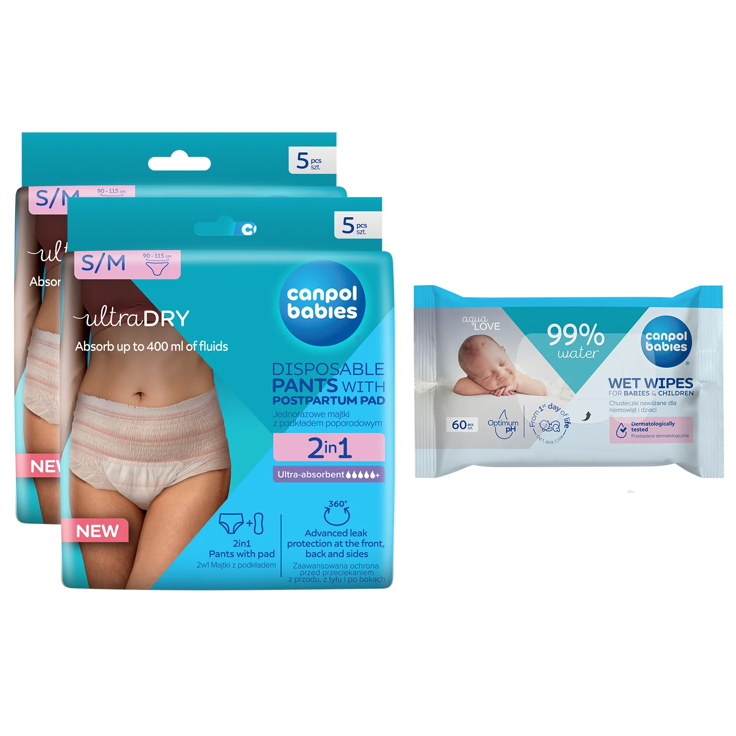 Canpol babies ultraDRY Zestaw oddychające majtki jednorazowe z podkładem poporodowym S/M, 2 x 5 sztuk + chusteczki nawilżające, 60 sztuk GRATIS