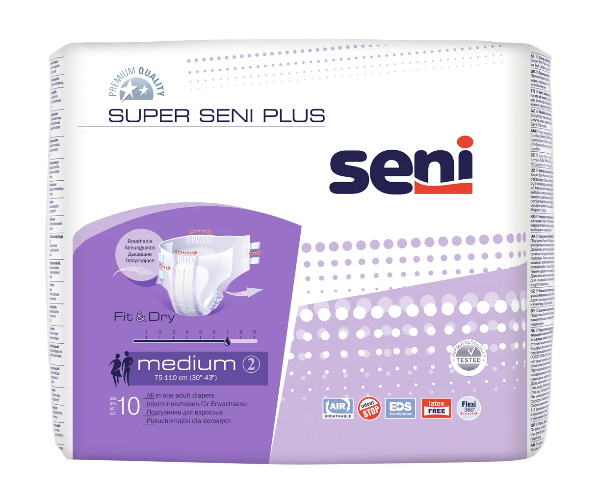 Seni Super Plus, pieluchomajtki zapinane na rzepy, medium 75-110 cm, 10 sztuk