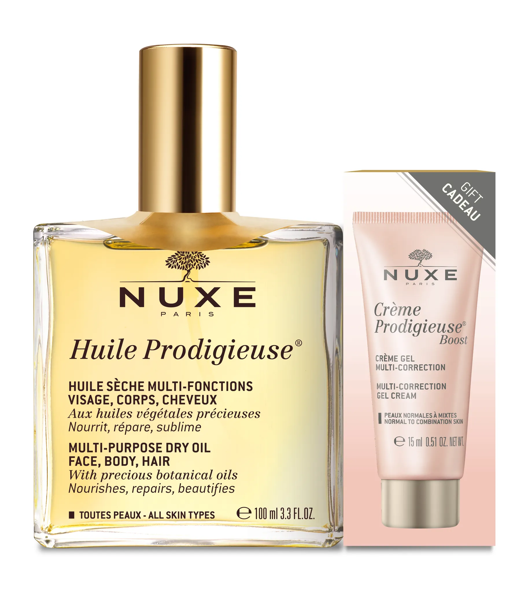 Nuxe zestaw, Huile Prodigieuse, suchy olejek, 100 ml + Prodigieuse Boost, krem-żel naprawczy do twarzy, do skóry normalnej i mieszanej, 15 ml