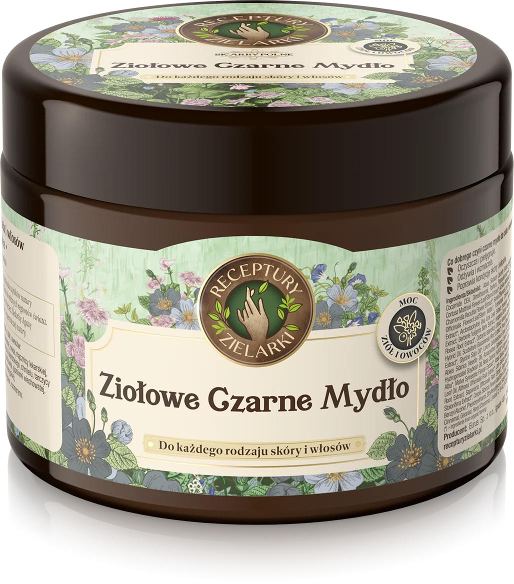 Receptury Zielarki Skarby Polne ziołowe czarne mydło do mycia ciała i włosów 37 polnych ziół, 300 ml