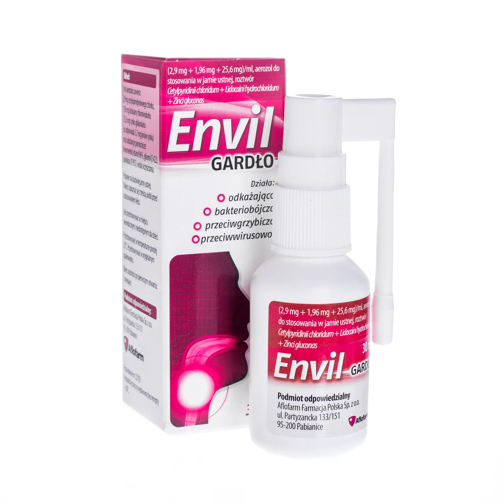 Envil Gardło (2,9 mg + 1,96 mg + 25,6 mg)/ml, aerozol do stosowania w jamie ustnej, roztwór, 30 ml