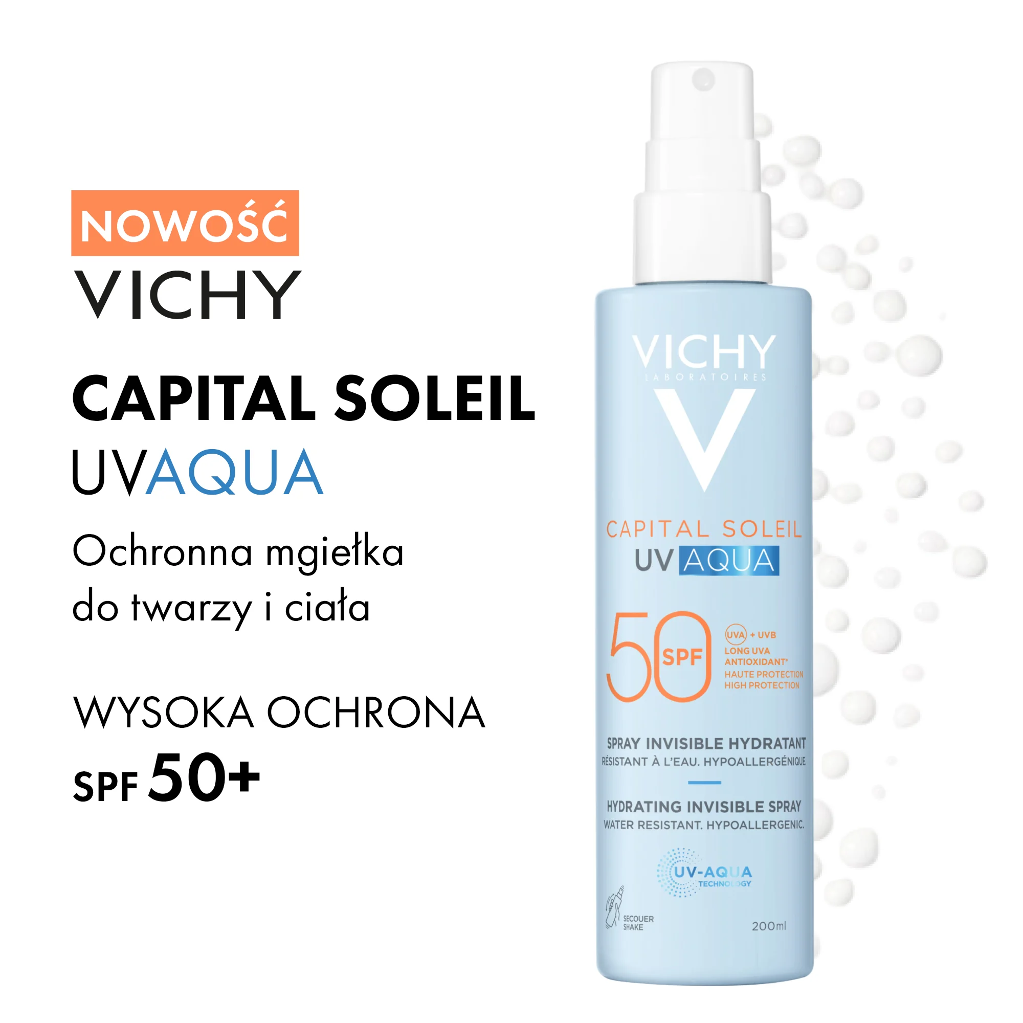 Vichy Capital Soleil UV-Aqua wodoodporny spray przeciwsłoneczny do ciała SPF 50, 200 ml