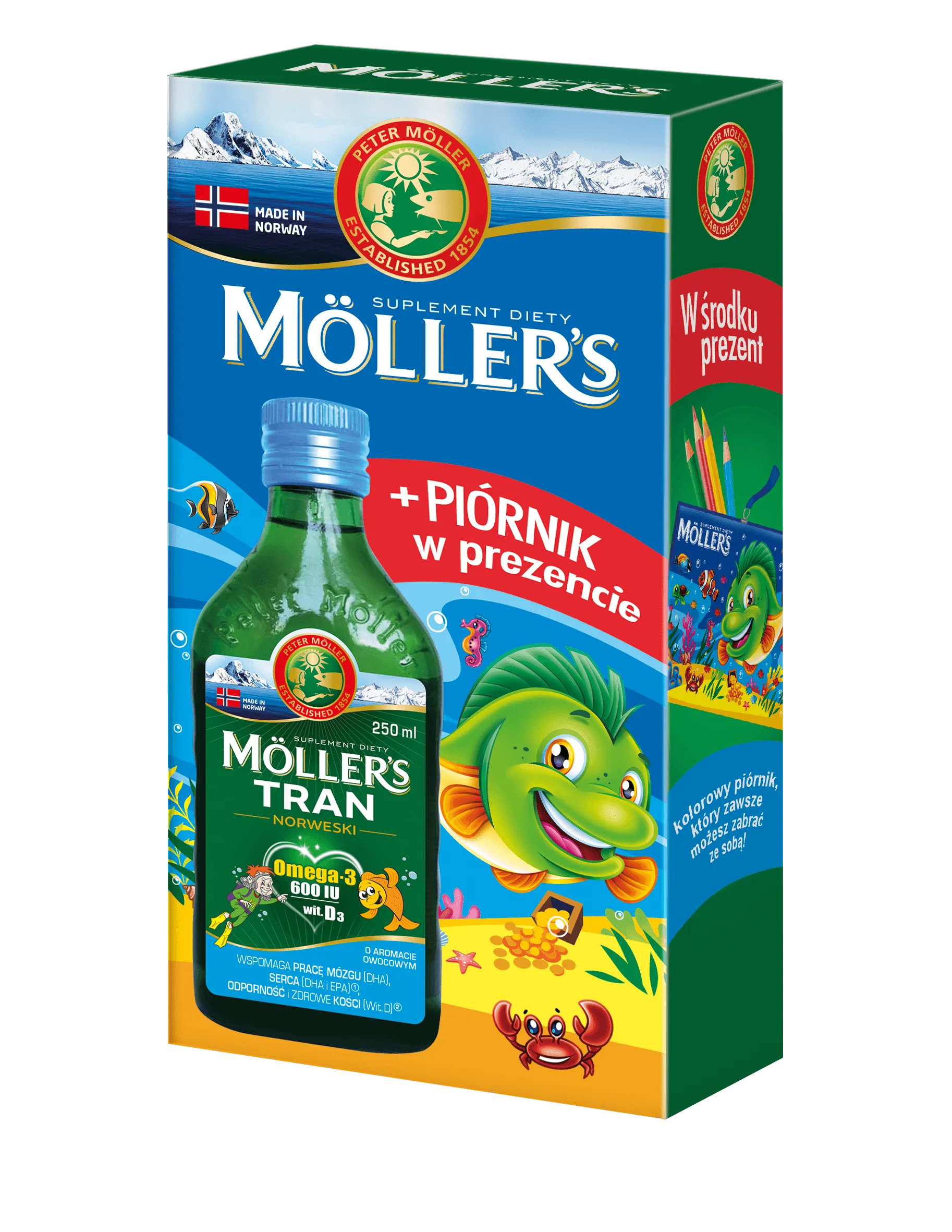 Moller's Tran Norweski, suplement diety, smak owocowy, 250 ml + piórnik gratis