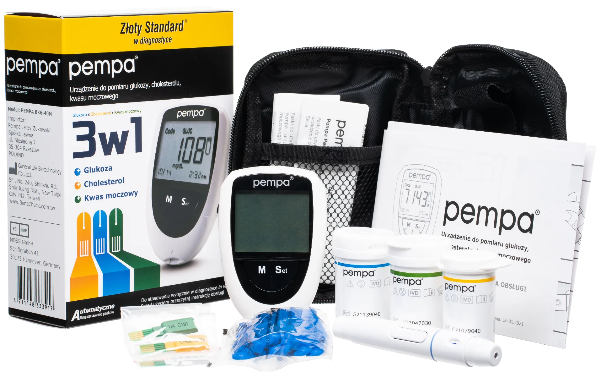 Pempa, urządzenie 3w1 do pomiaru glukozy, cholesterolu i kwasu moczowego
