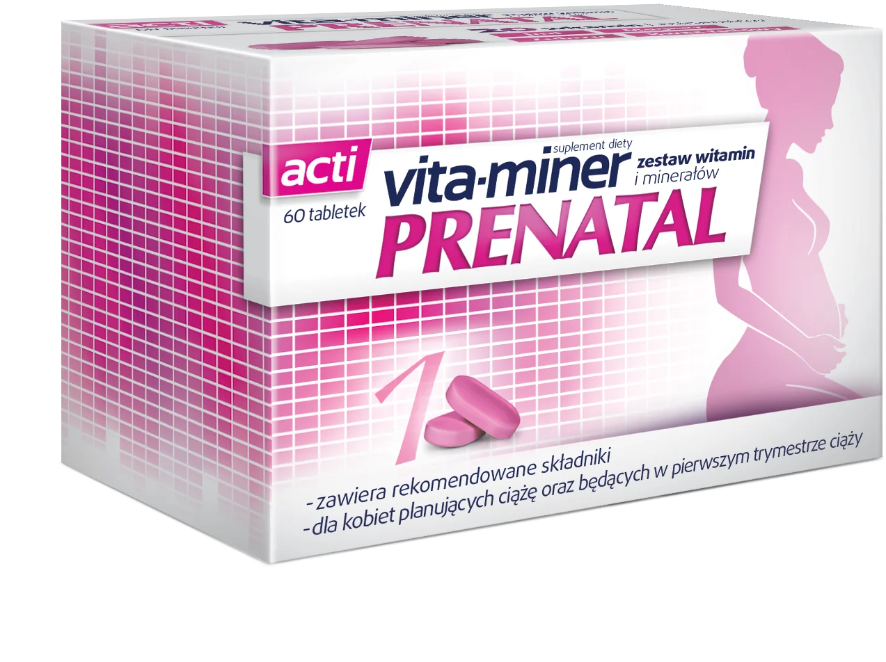 Vita-miner Prenatal suplement diety z zestawem witamin i minerałów dla kobiet w ciąży i karmiących piersią, 60 tabletek