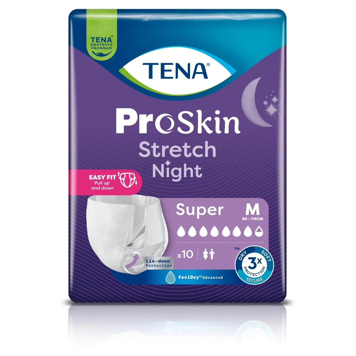 TENA ProSkin Stretch Super Night pieluchomajtki elastyczne z rzepami, rozmiar M, 10 sztuk