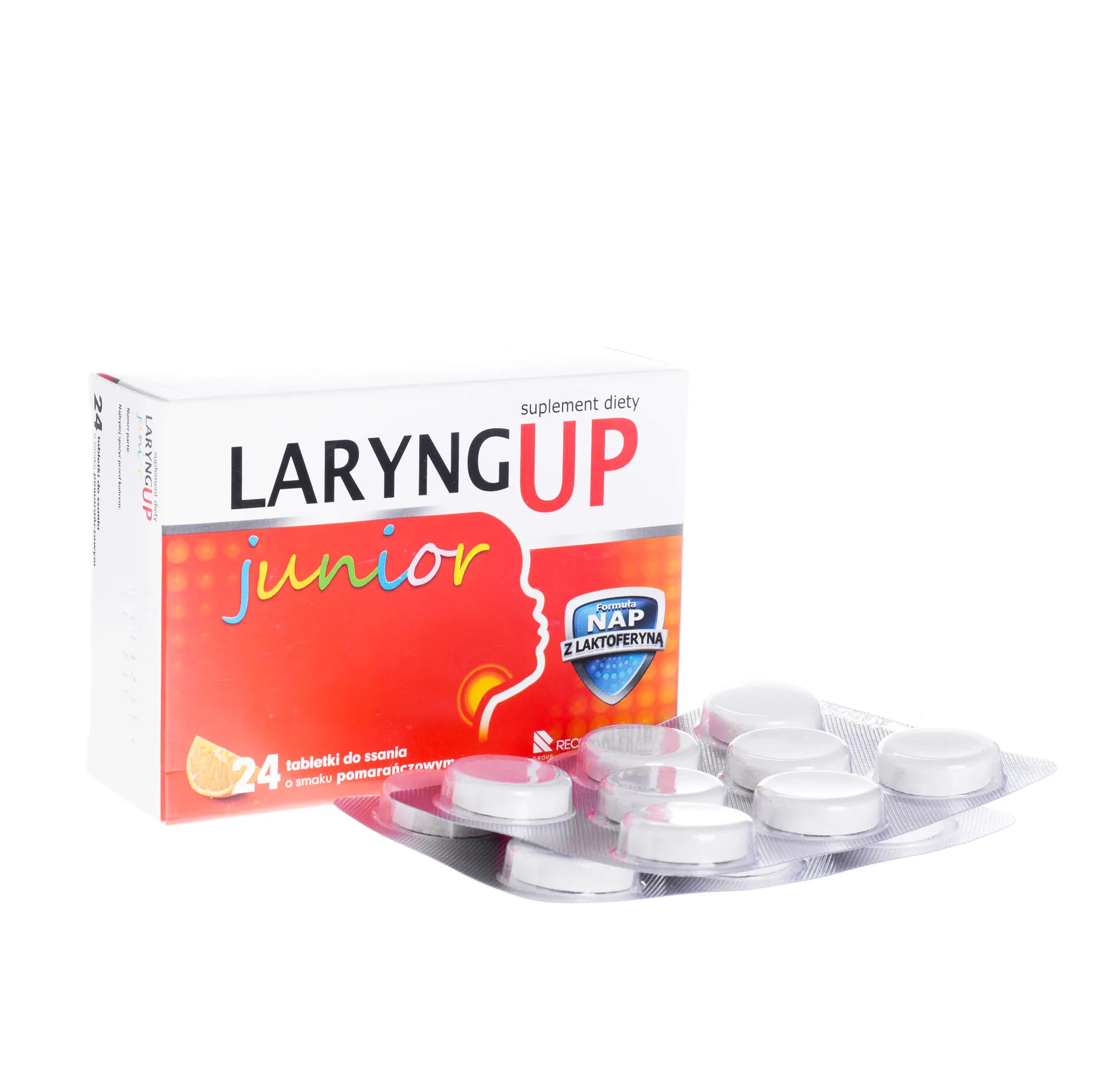 LaryngUP junior, suplement diety, 24 tabletki do ssania o smaku pomarańczowym