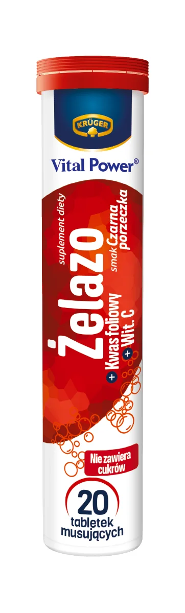 Krüger Żelazo + kwas foliowy, witamina C, smak czarna porzeczka, 20 tabletek musujących