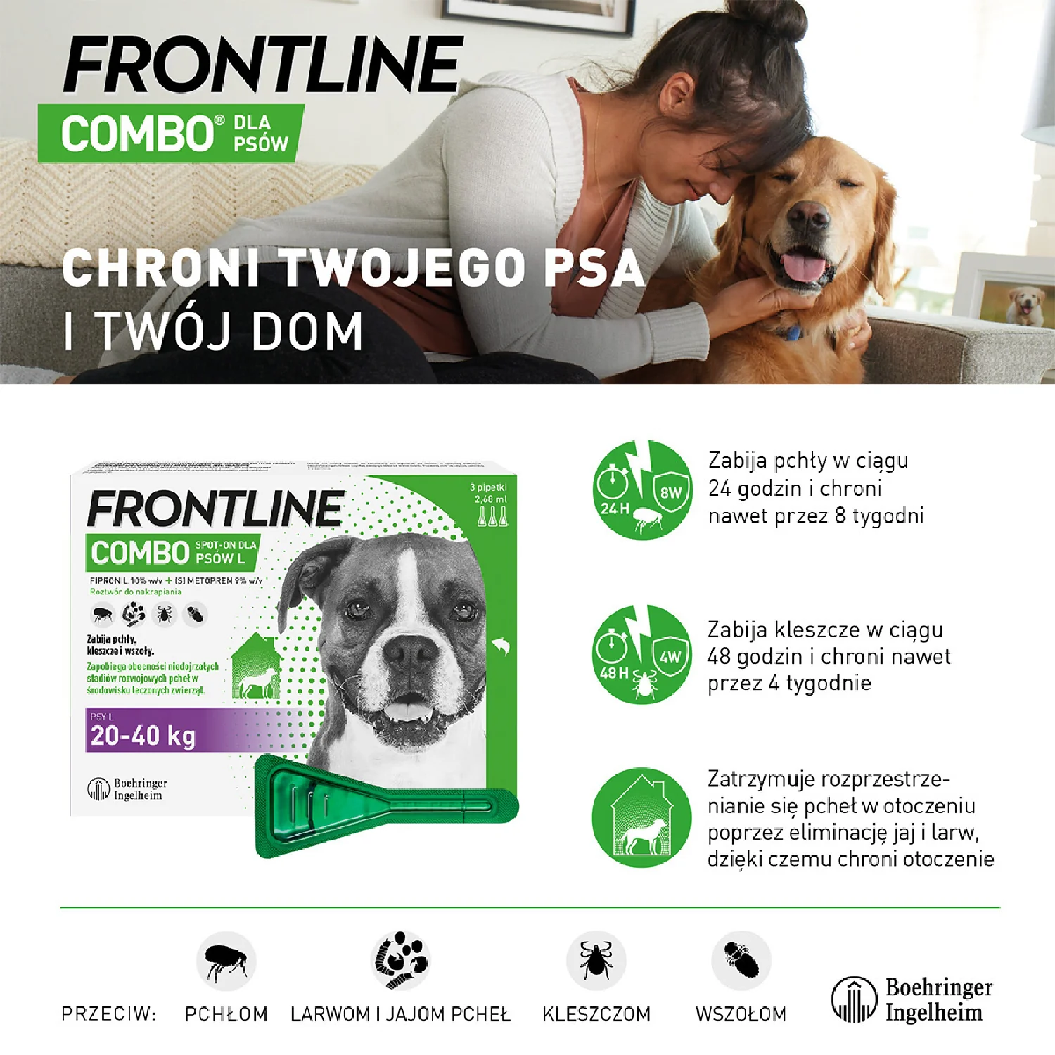 Frontline Combo L (268 mg + 241,20 mg)/2,68 ml, roztwór do nakrapiania dla psów 20-40 kg, 3 x 2,68 ml