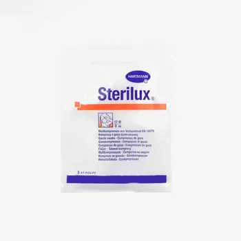 Sterilux, kompresy z gazy bawełnianej, jałowe, 17-nitkowe, 8 warstw, 10 cm x 10 cm, 3 sztuki 