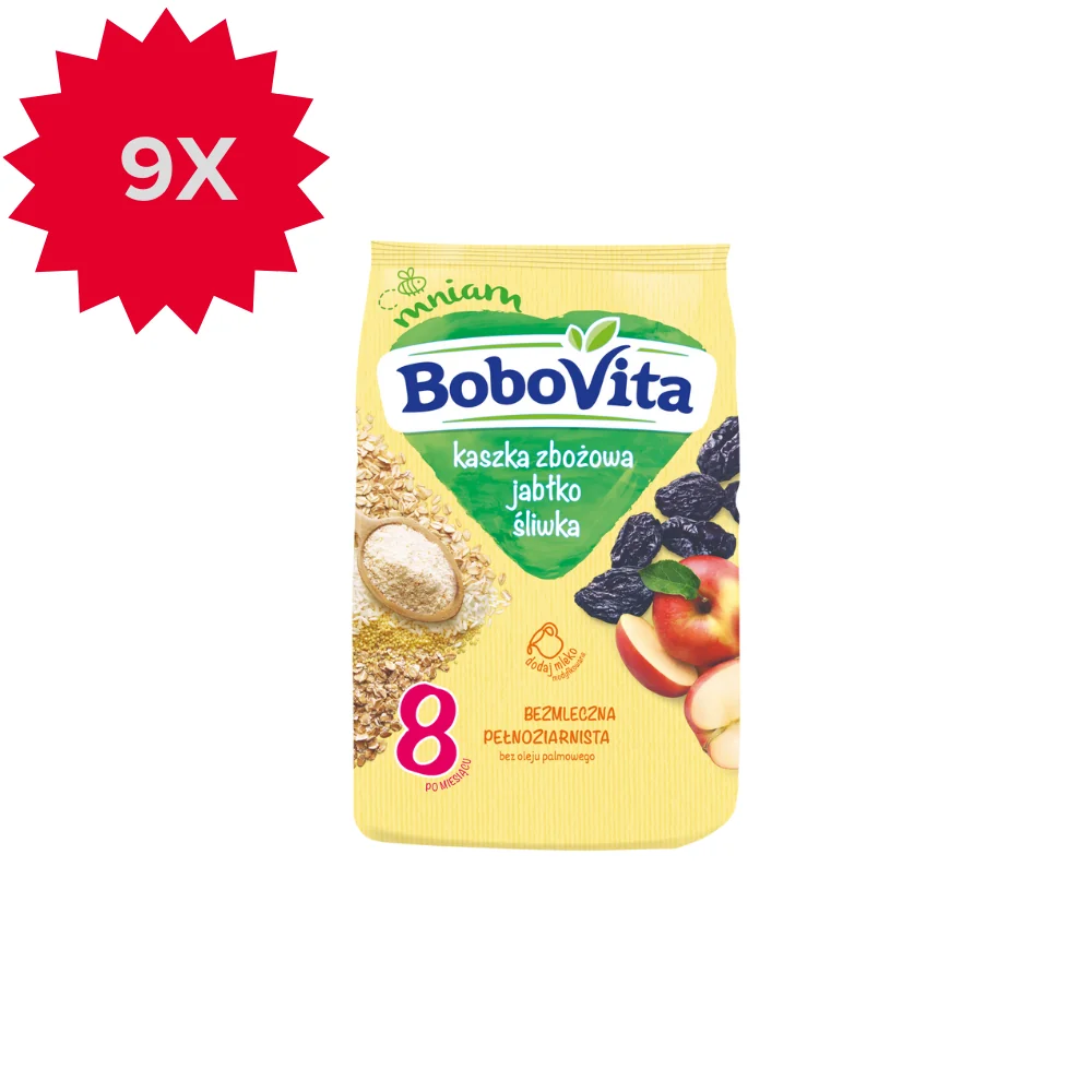 BoboVita pełnoziarnista kaszka zbożowa z jabłkiem i śliwką, 9 x 180 g