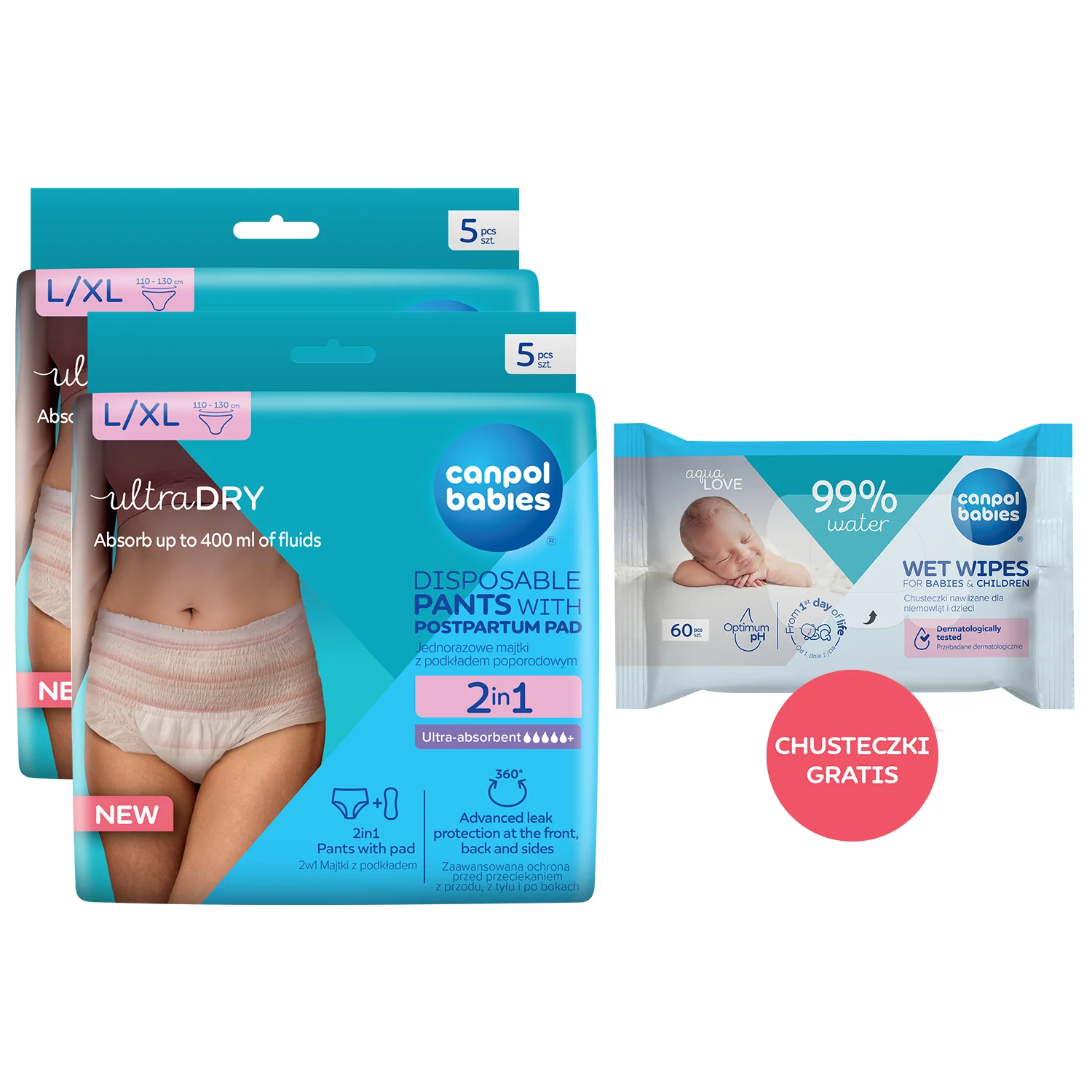 Canpol babies ultraDRY Zestaw oddychające majtki jednorazowe z podkładem poporodowym L/XL, 2 x 5 sztuk + chusteczki nawilżające, 60 sztuk GRATIS
