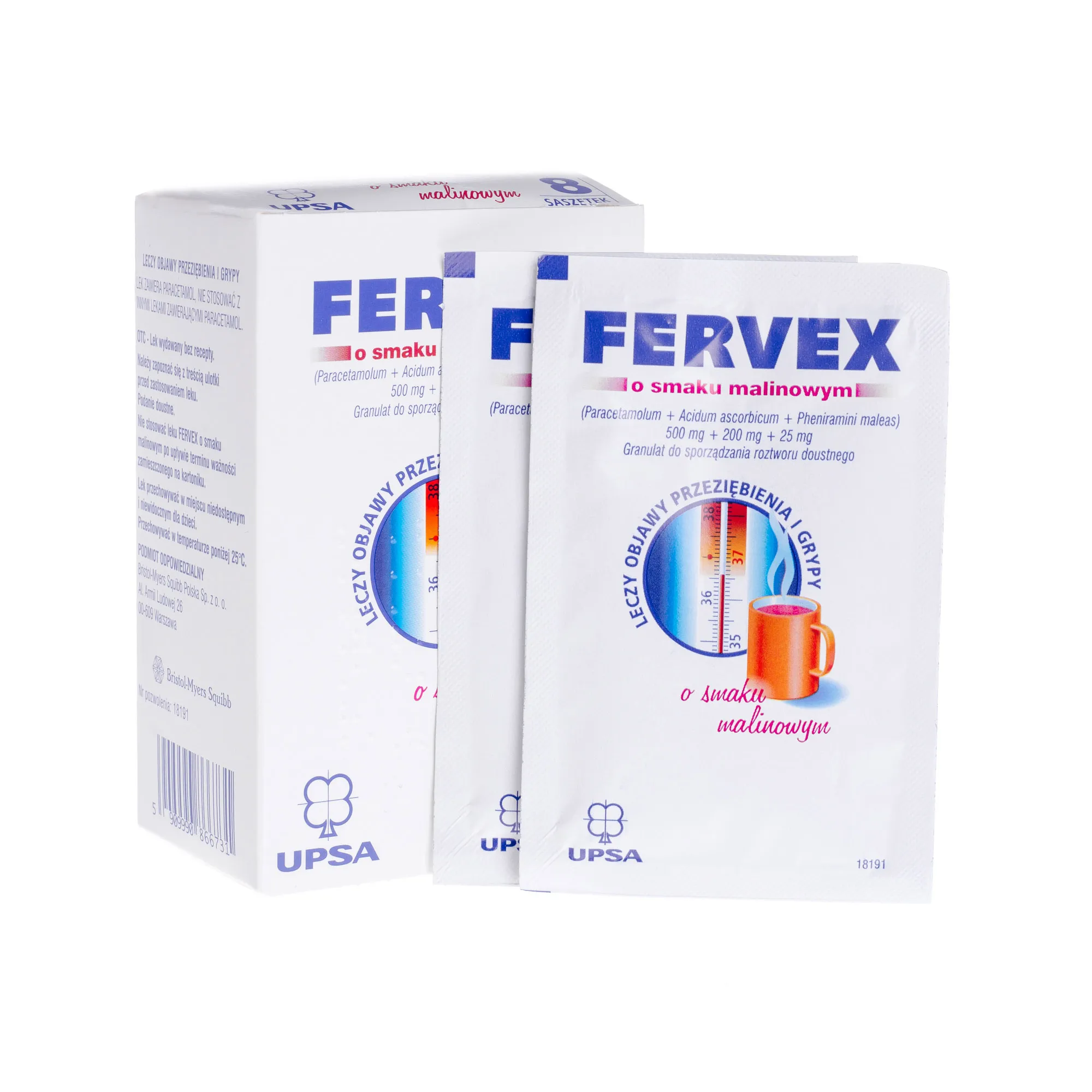 Fervex o smaku malinowym, kompleksowy lek na objawy przeziębienia i grypy, 8 saszetek
