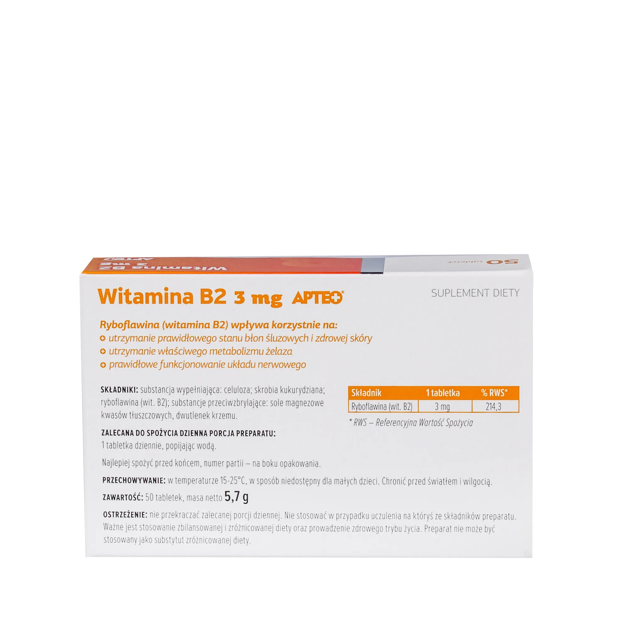 Witamina B2 3 mg Apteo, suplement diety, 50 tabletek 