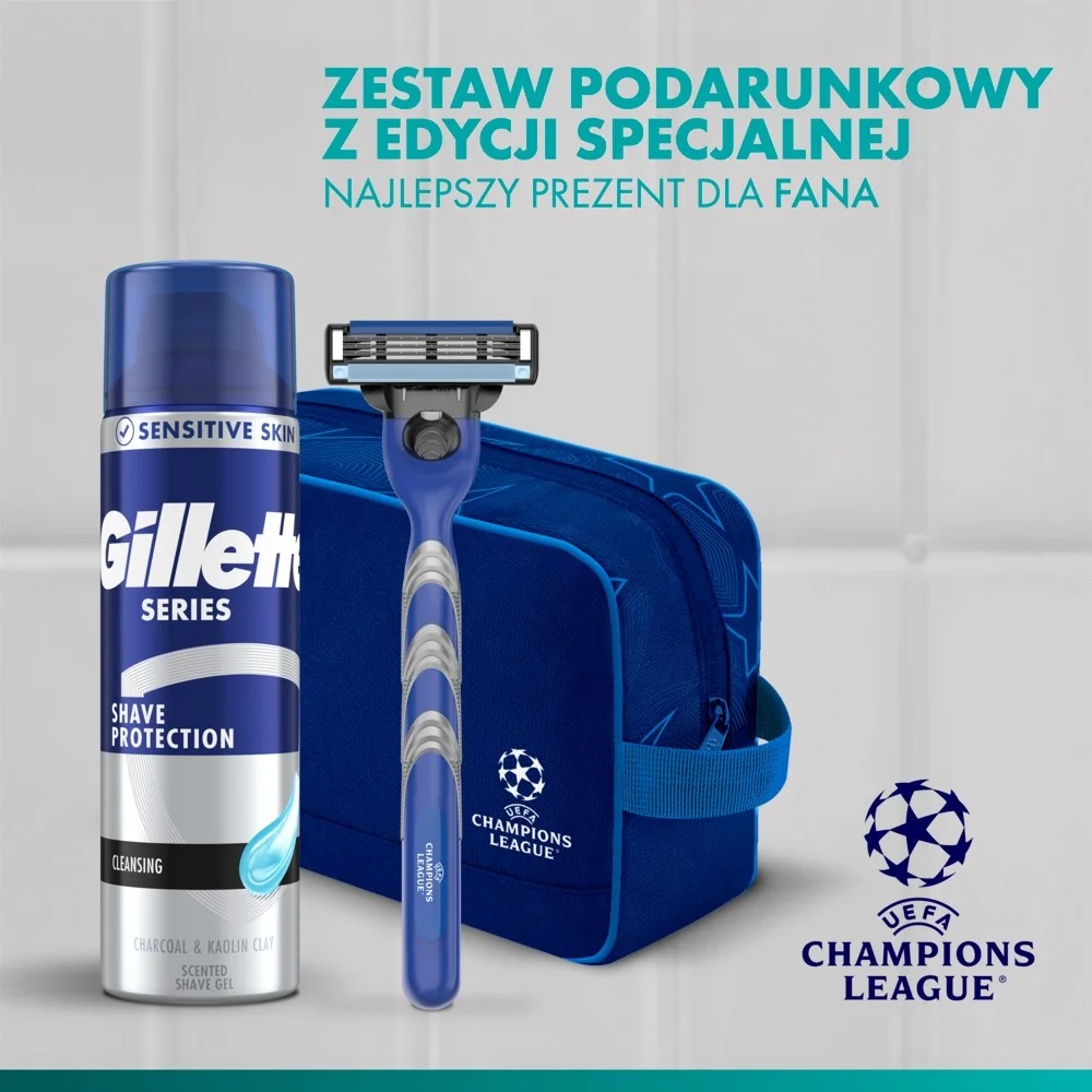 Gillette Mach3 UEFA Champions League Zestaw męska maszynka do golenia + żel do golenia, 200 ml + kosmetyczka