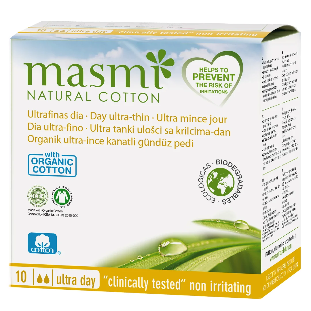 Masmi ultracienkie bawełniane podpaski na dzień ze skrzydełkami 100% bawełny organicznej, 10 szt.