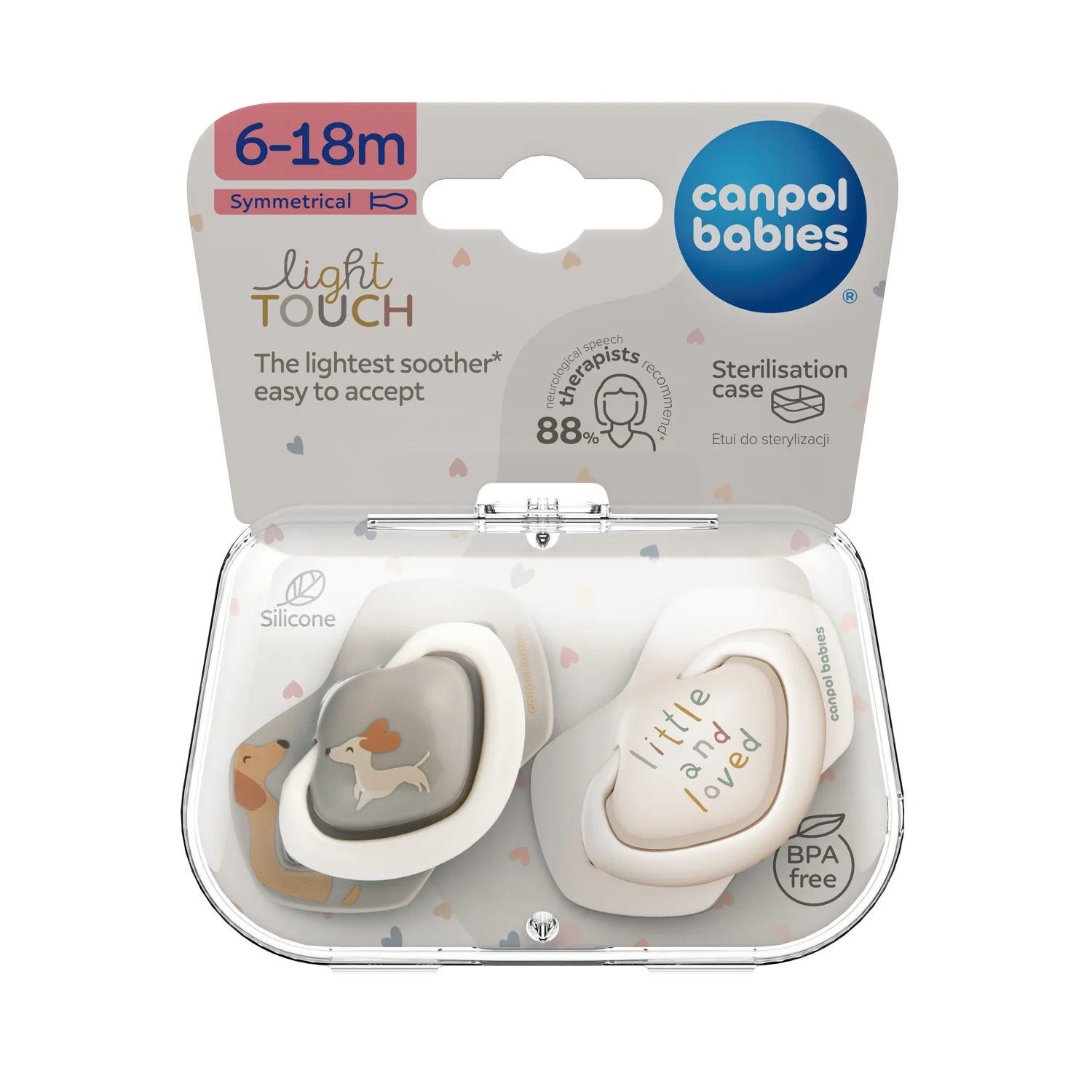 Canpol Babies lightTOUCH Smoczek silikonowy 6-18m symetryczny DOGS, 2 sztuki