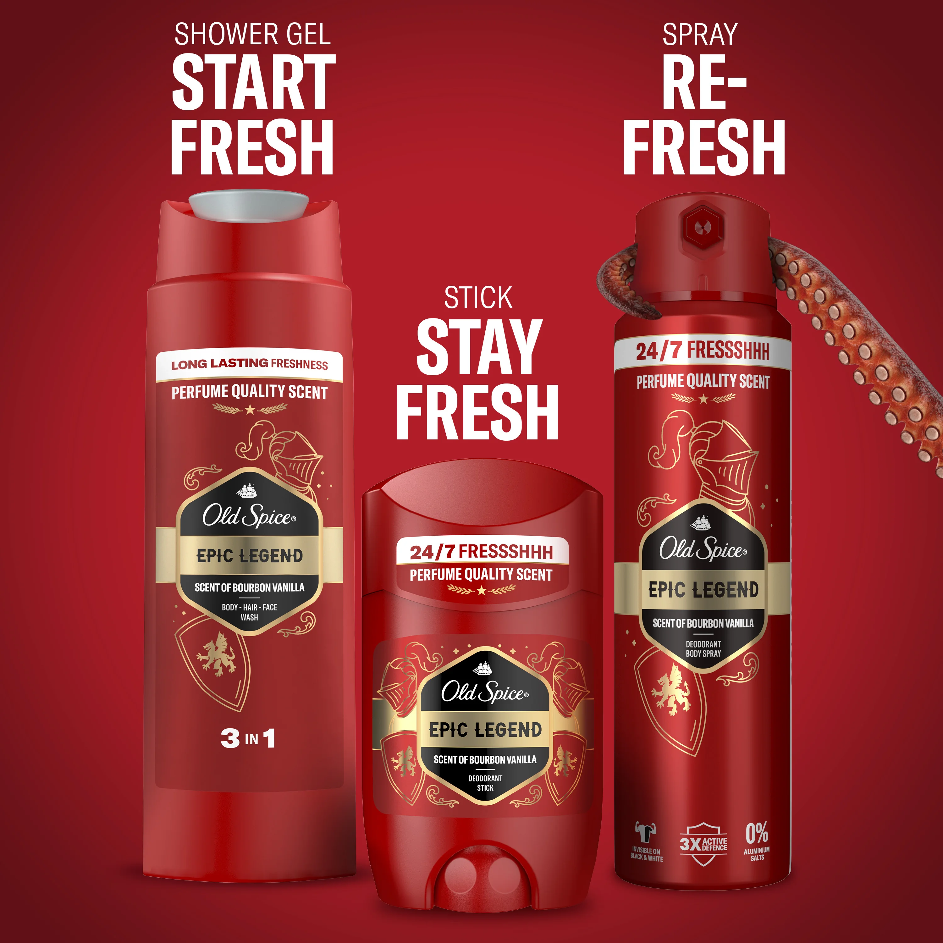 Old Spice Epic Legend Knight Xmass Zestaw dezodorant w sztyfcie, 50 ml + dezodorant w sprayu, 150 ml + żel pod prysznic, 250 ml