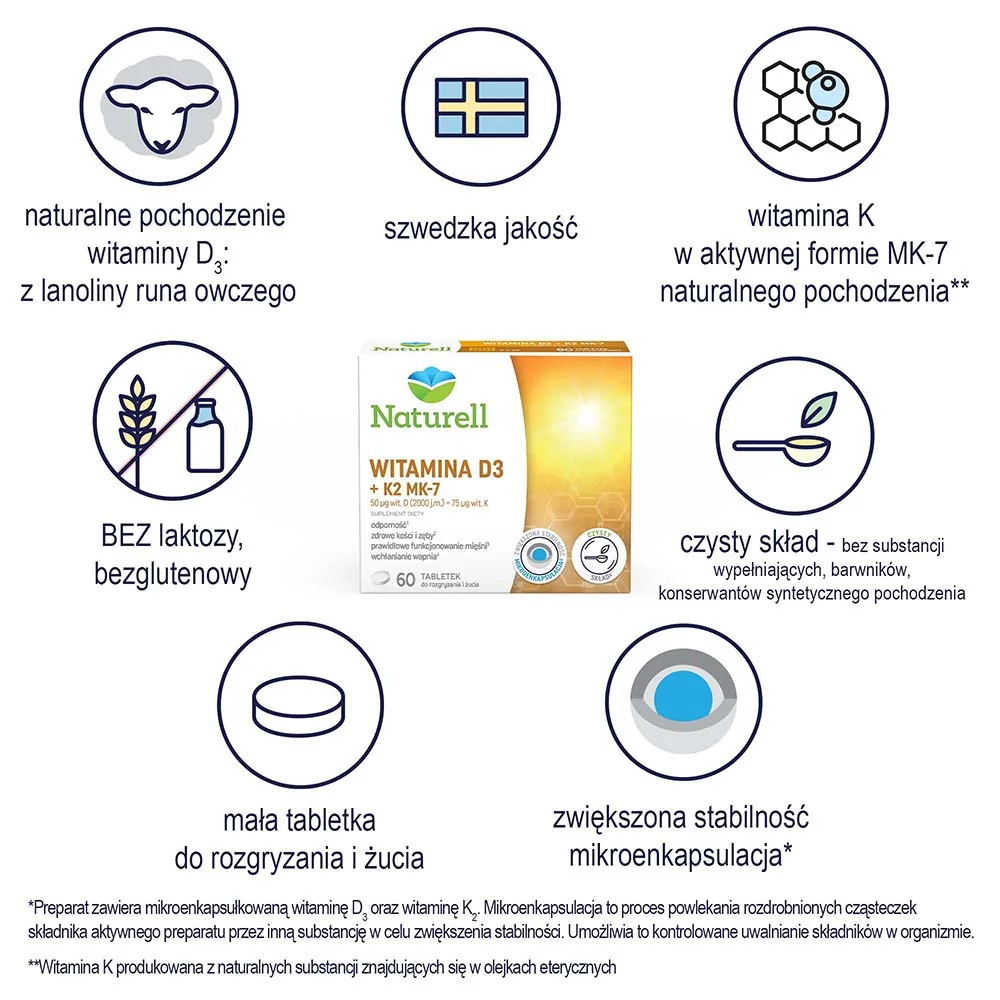 Naturell Witamina D3 + K2 MK-7 60 tabletek do ssania