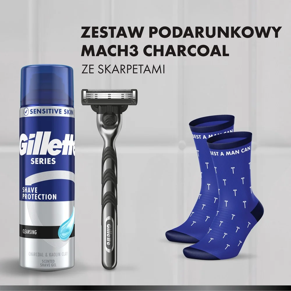 Gillette Mach3 Charcoal Zestaw męska maszynka do golenia z 3 ostrzami + 2 wkłady wymienne + żel do golenia, 200 ml + skarpetki