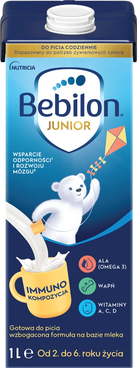 Bebilon Junior Gotowa do picia wzbogacona formuła na bazie mleka, od 2. do 6. roku życia, 1 l. Data ważności: 14.04.2026
