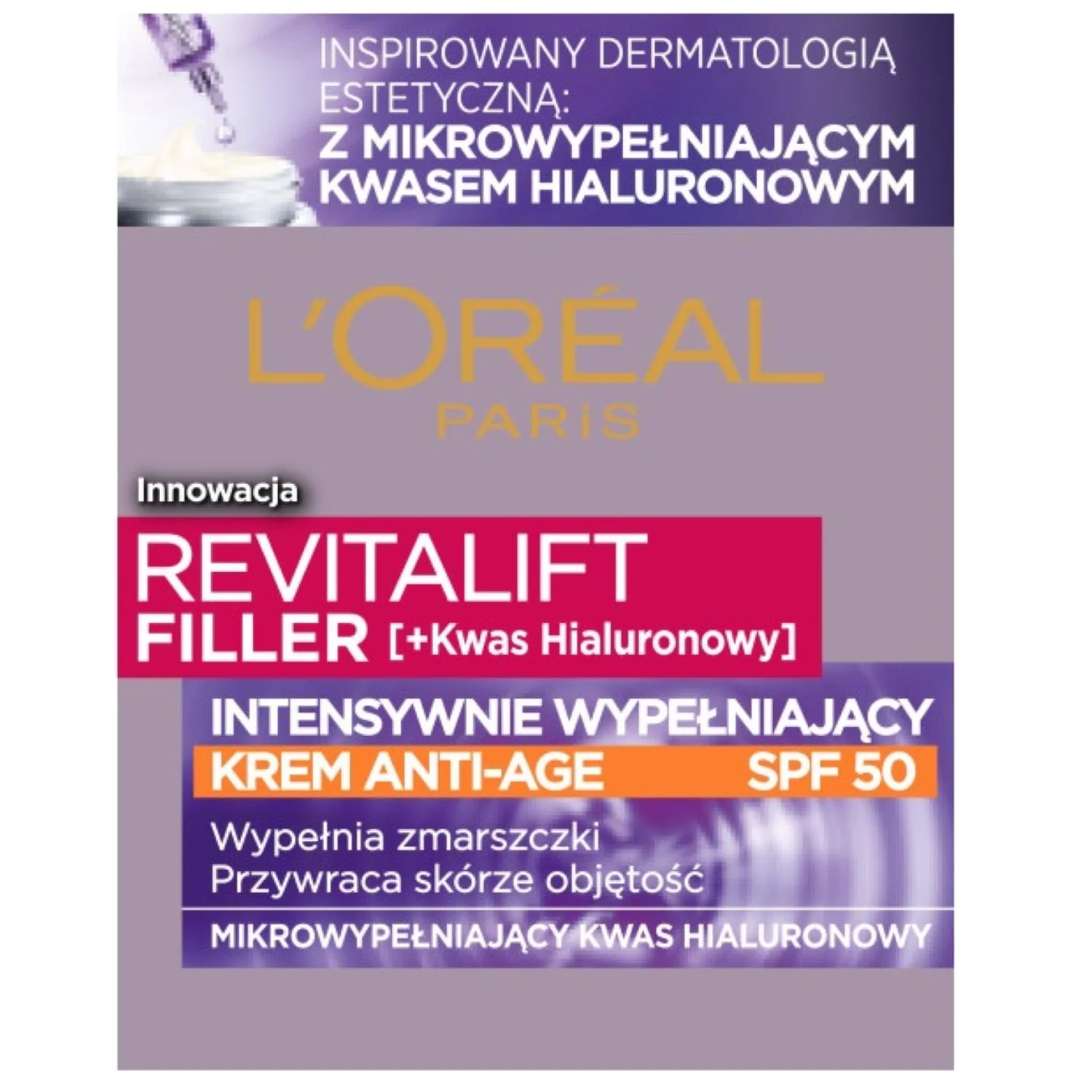 L`Oreal Revitalift Filler [HA] intensywnie wypełniający krem do twarzy przeciw oznakom starzenia SPF 50, 50 ml