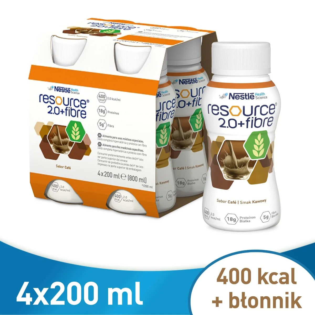 Resource 2.0+Fibre preparat odżywczy w płynie, smak kawowy, 4 x 200 ml