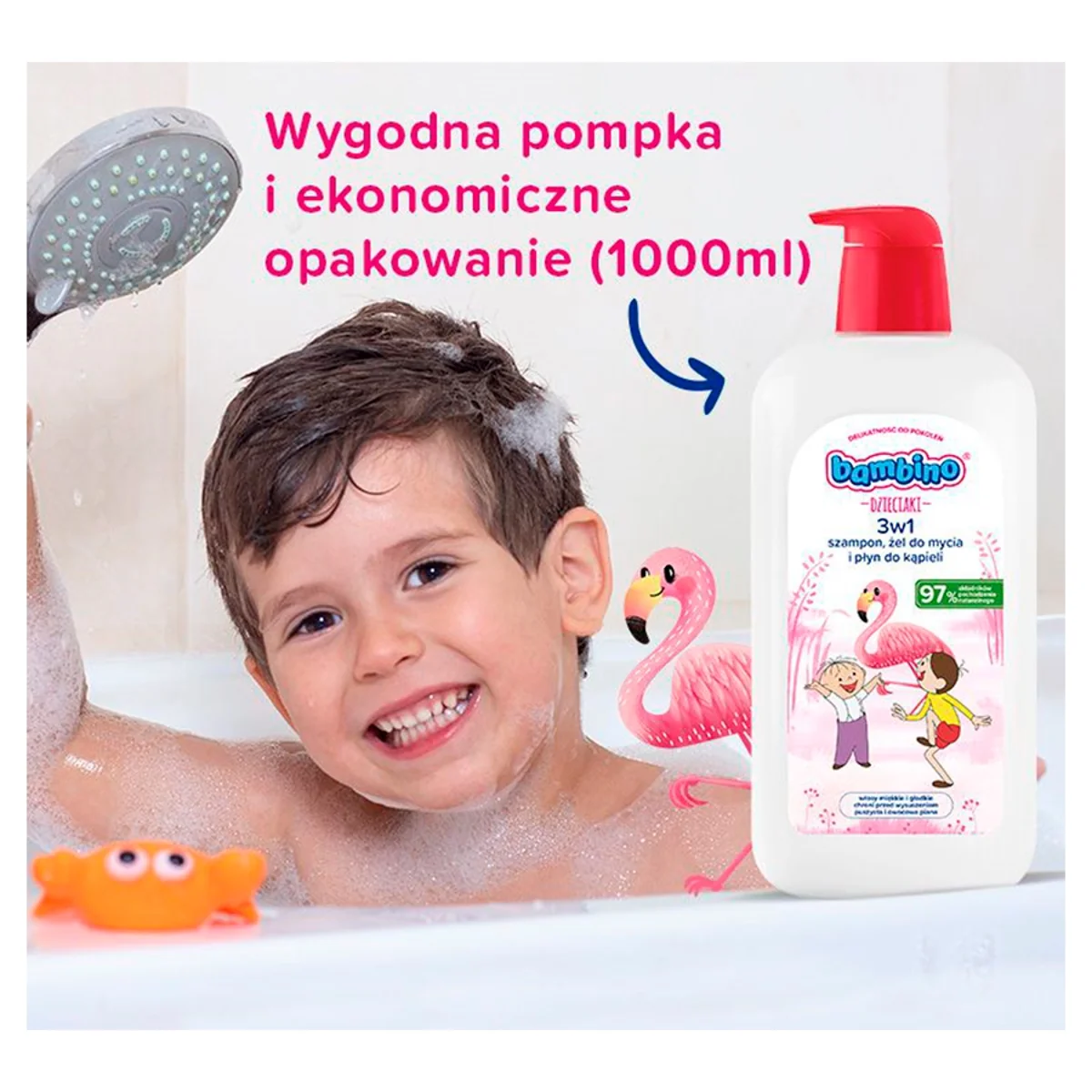 Bambino Dzieciaki Flaming 3w1 szampon, żel pod prysznic i płyn do kąpieli, 1000 ml