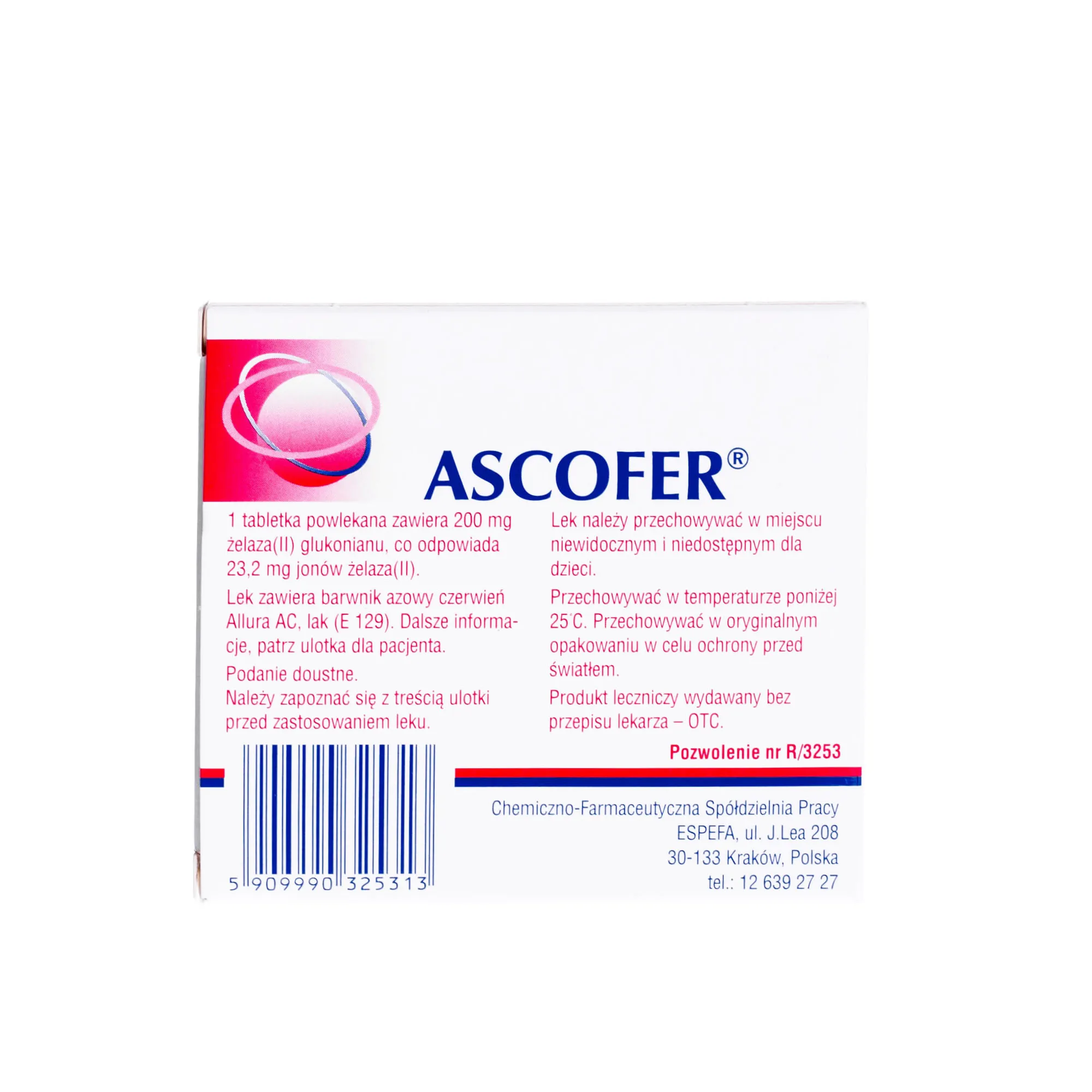Ascofer, lek stosowany do uzupełnienia niedoborów żelaza w organizmie, 50 tabletek 