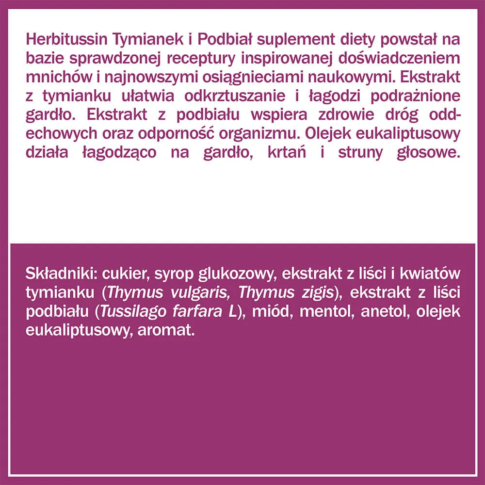 Herbitussin Tymianek i Podbiał, pastylki na gardło, 12 pastylek 