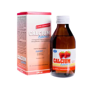 Calcium Polfarmex - syrop do leczenia następstw niedoborów wapnia w organizmie o smaku truskawkowym, 150 ml 