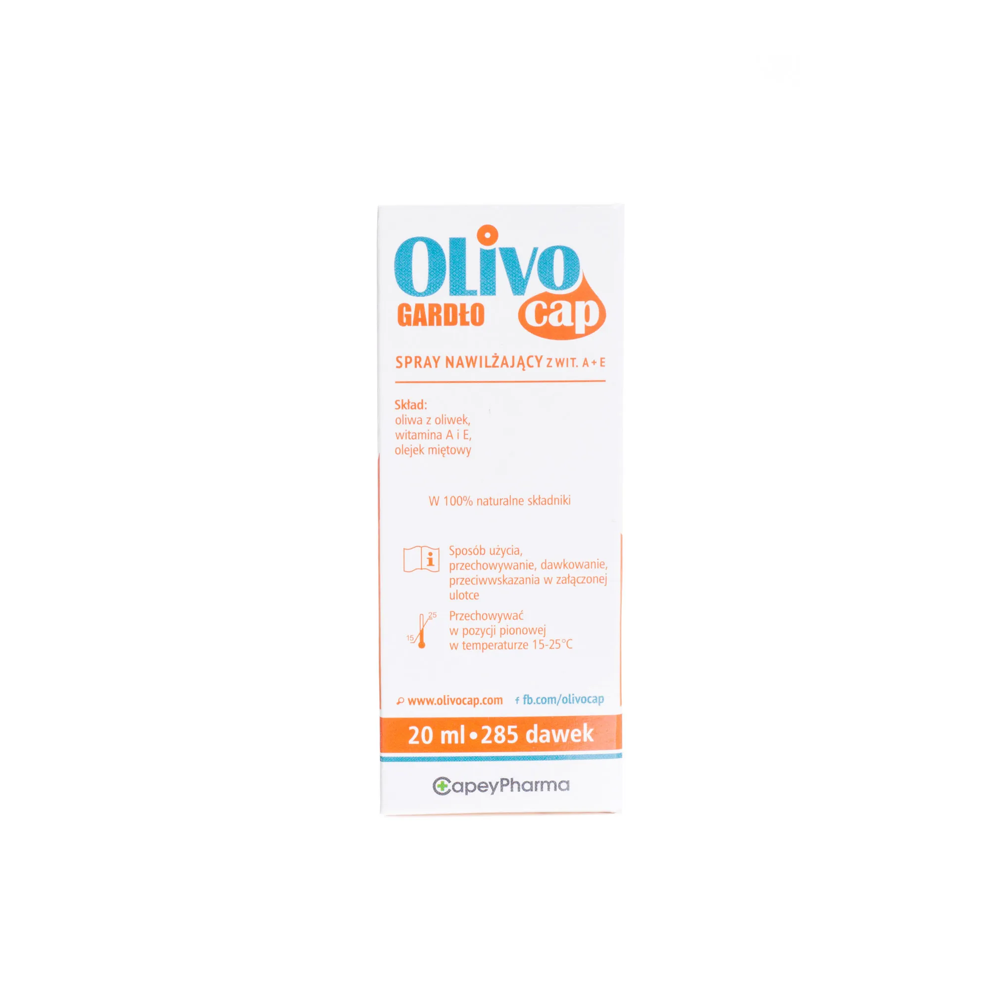 Olivocap Gardło, spray nawilżający z witaminą A+E, 20ml, 285 dawek 