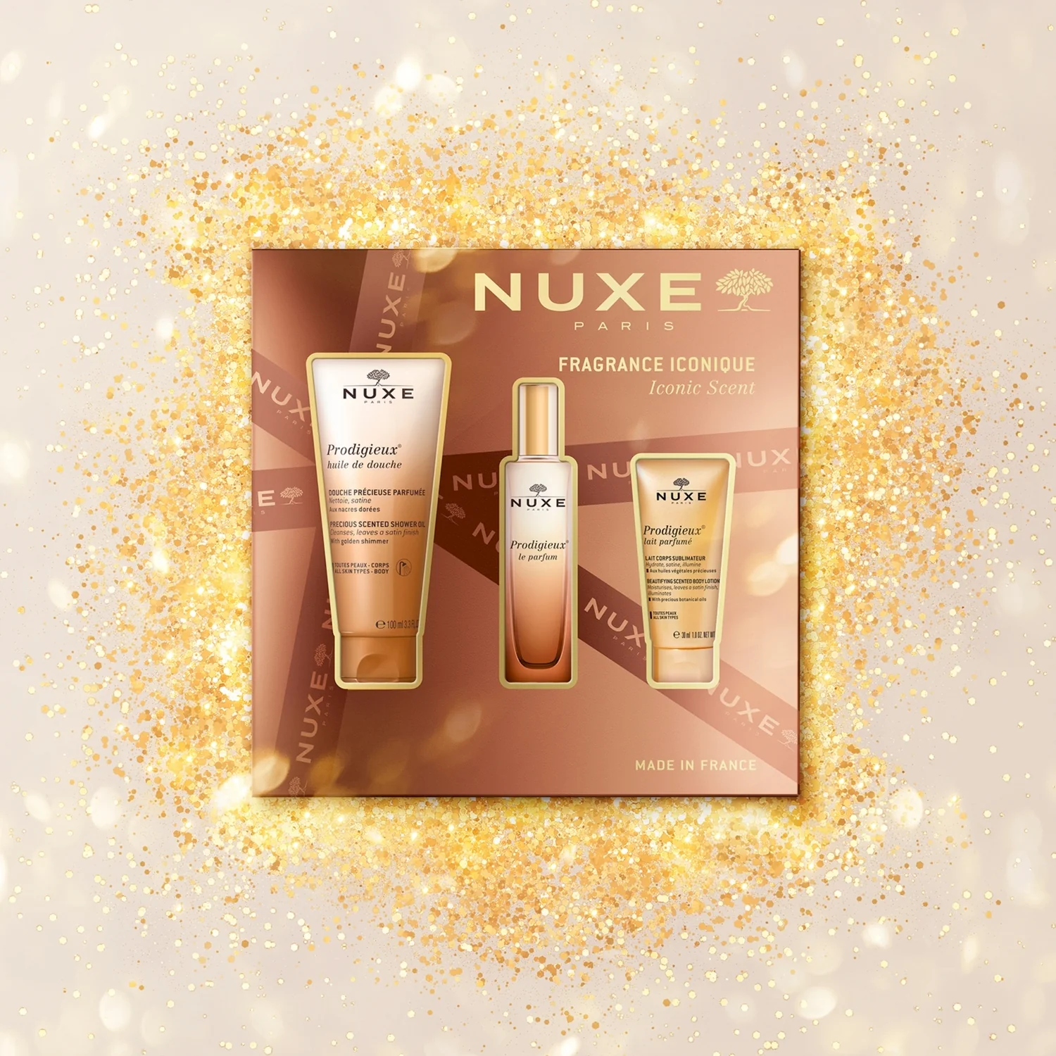 Nuxe zestaw Scent of Prodigieux® Prodigieux® perfumy, 30 ml + Prodigieux® olejek pod prysznic, 100 ml + Prodigieux® perfumowane mleczko do ciała, 30 ml