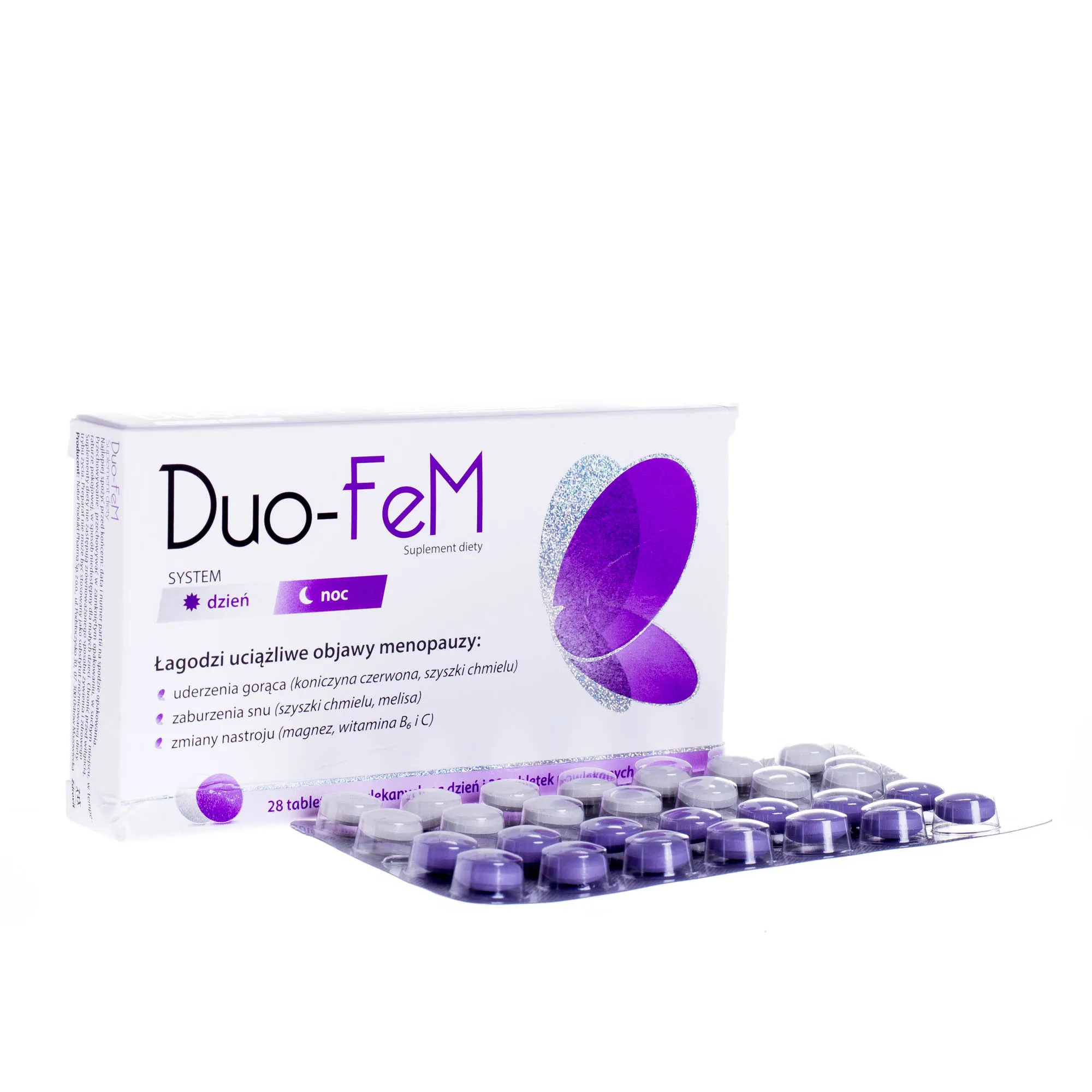 Duo-FeM - suplement diety łagodzący uciążliwe objawy menopauzy, 28 tabletek na dzień i 28 na noc