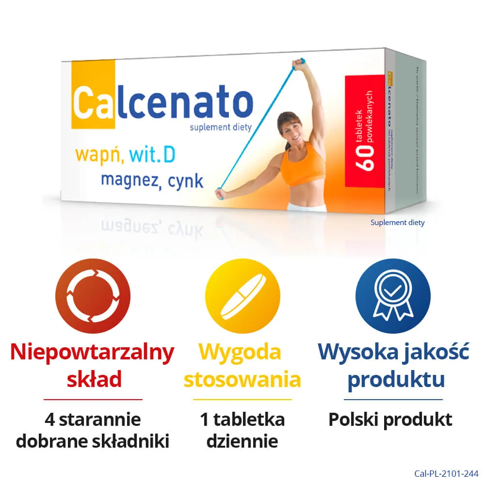 Calcenato, suplement diety wapń, wit. D, magnez, cynk, 60 tabletek powlekanych 