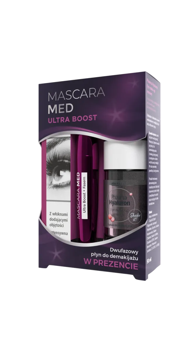 Mascara Med Ultra Boost, tusz do rzęs, 10 ml + Pharma Hyaluron, dwufazowy płyn do demakijażu, 50 ml