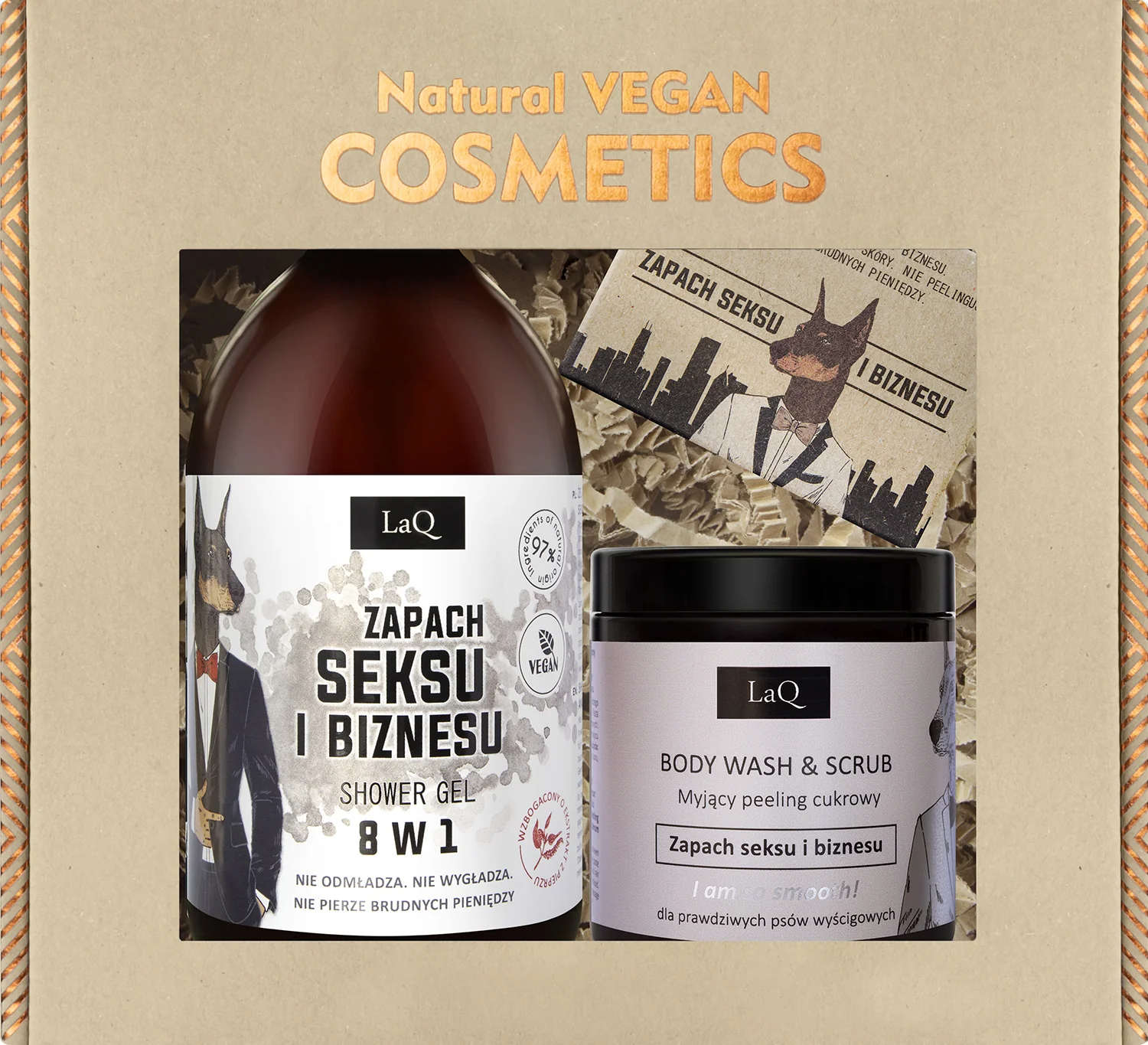 LaQ Zestaw Zapach Seksu i Biznesu żel 500 ml + peeling, 220 g + mydło, 85 g
