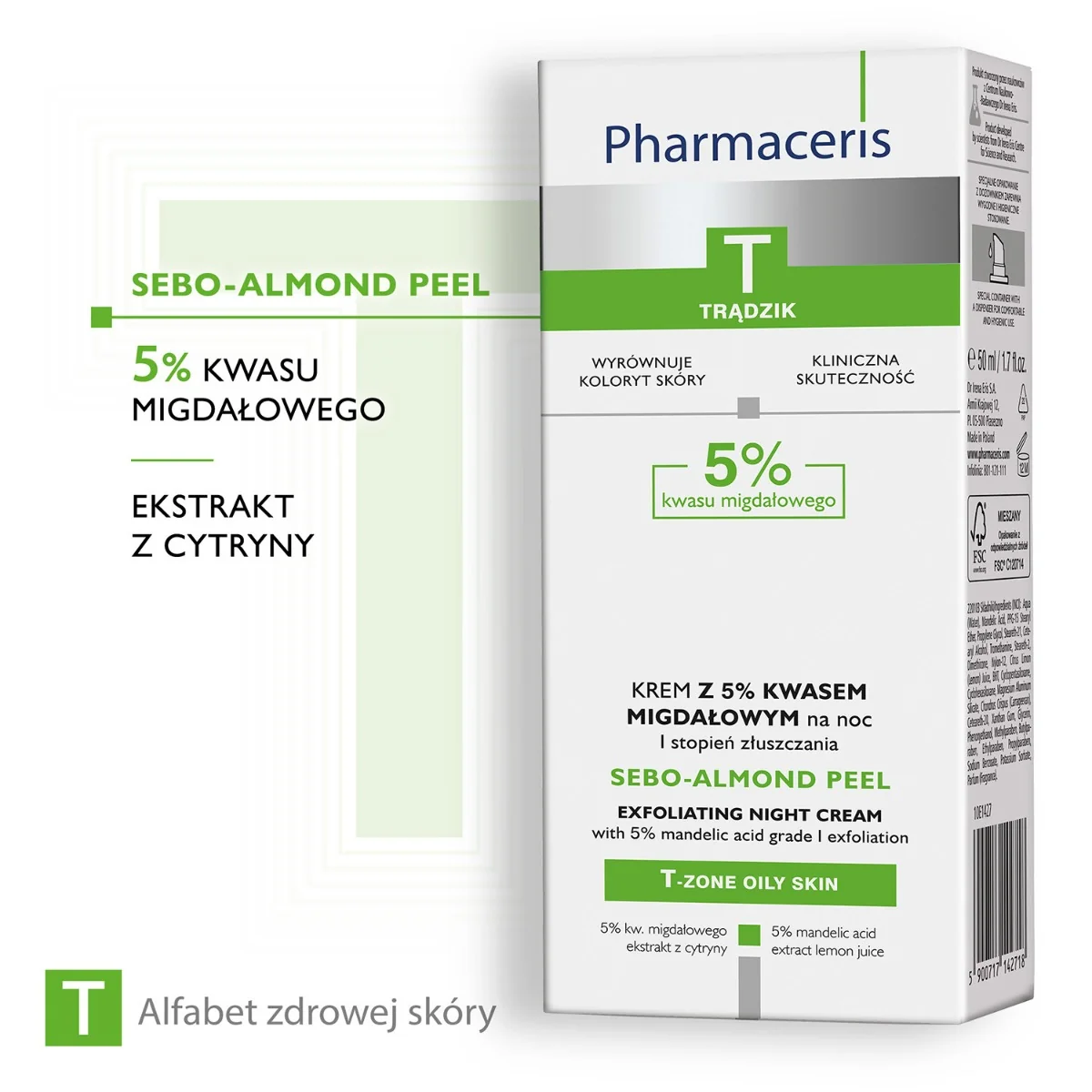 Pharmaceris T Sebo-Almond Peel krem z 5% kwasem migdałowym na noc I stopień złuszczania, 50 ml