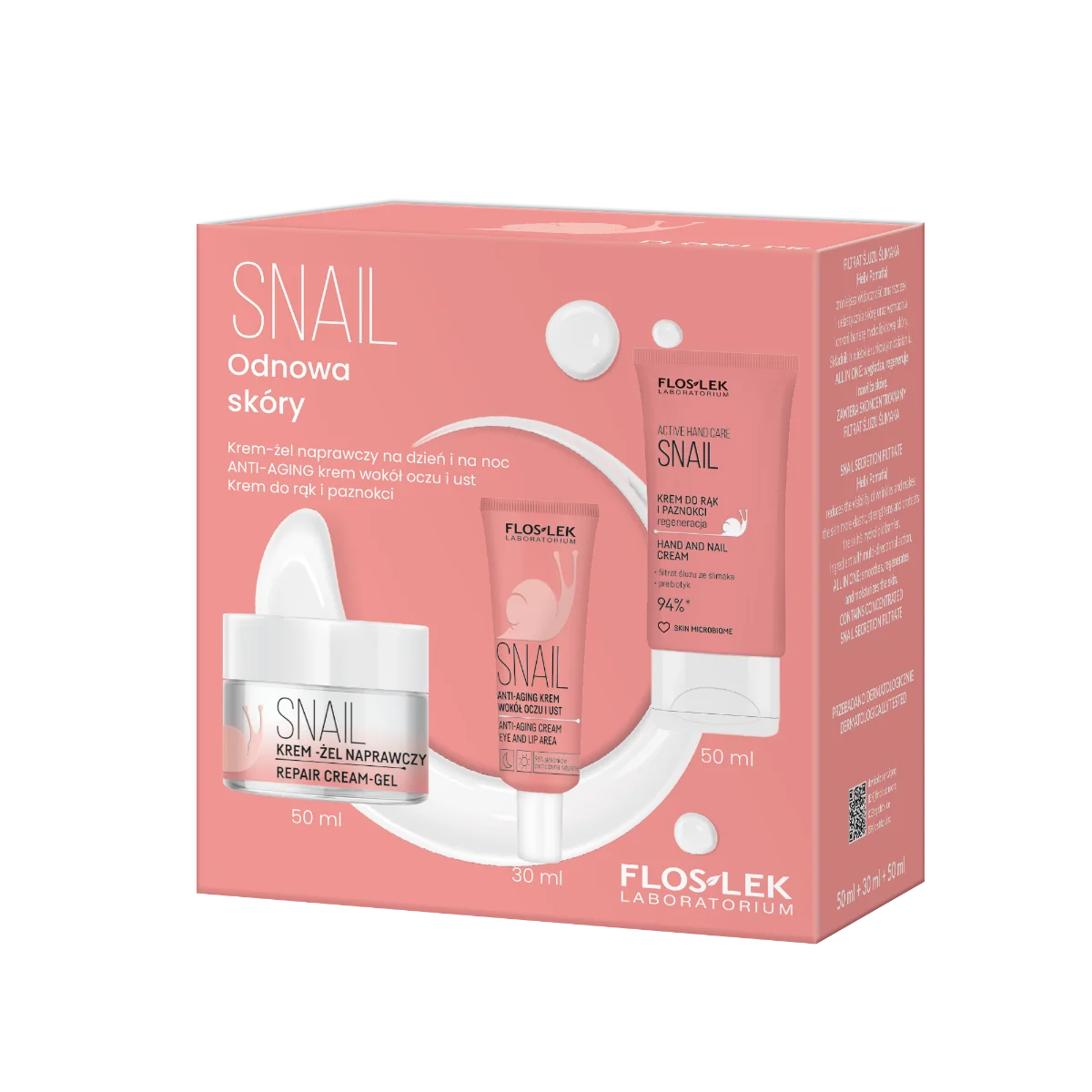 Floslek Snail Odnowa Skóry krem-żel naprawczy na dzień i na noc, 50 ml + krem wokół oczu i ust, 30 ml + krem do rąk i paznokci, 50 ml