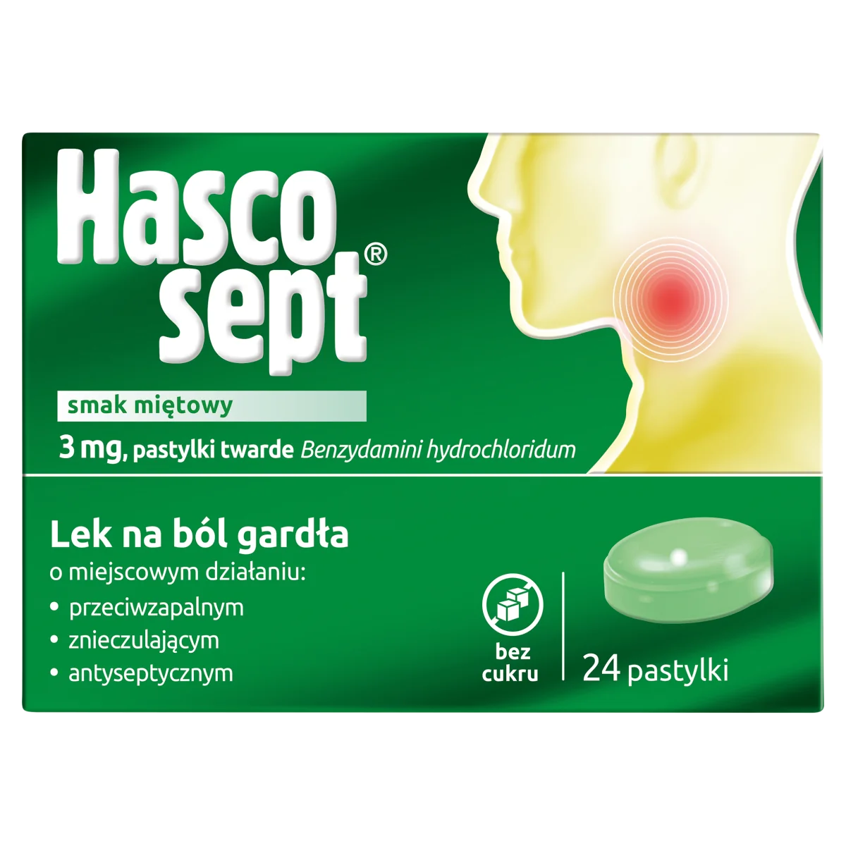 Hascosept smak miętowy, 3 mg, 24 pastylki twarde