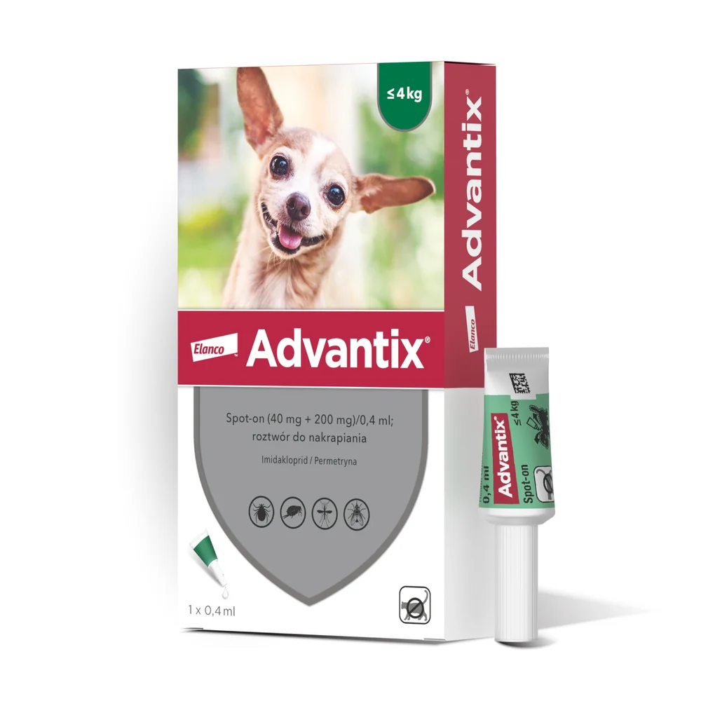 Advantix Spot-on Na Kleszcze i Pchły (40 mg + 200 mg)/0,4 ml, roztwór do nakrapiania dla psów ≤ 4 kg, 1 x 0,4 ml