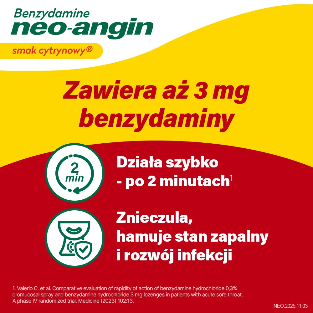 Benzydamine neo-angin 3 mg smak cytrynowy 20 pastylek do ssania