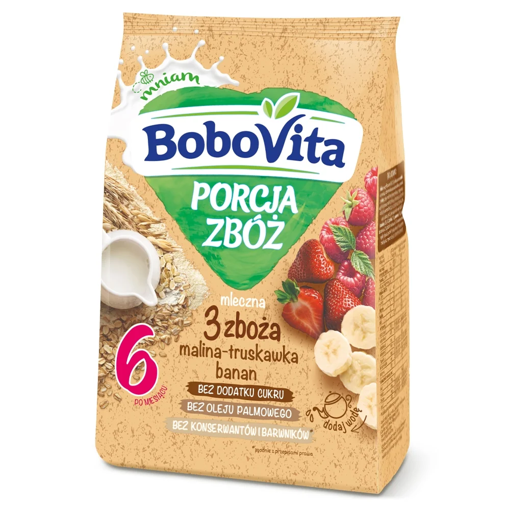 BoboVita Porcja Zbóż kaszka mleczna 3 zboża zbożowo-owsiana malina-truskawka-banan, po 6 m-cu, 210g