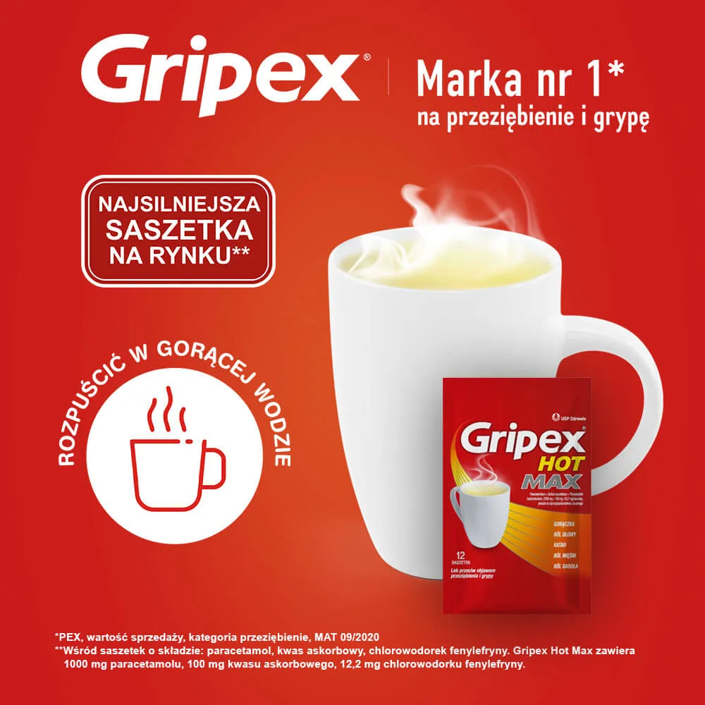 Gripex Hot Max, 1000 mg + 100 mg + 12,2 mg, proszek do sporządzania roztworu doustnego, 12 saszetek 